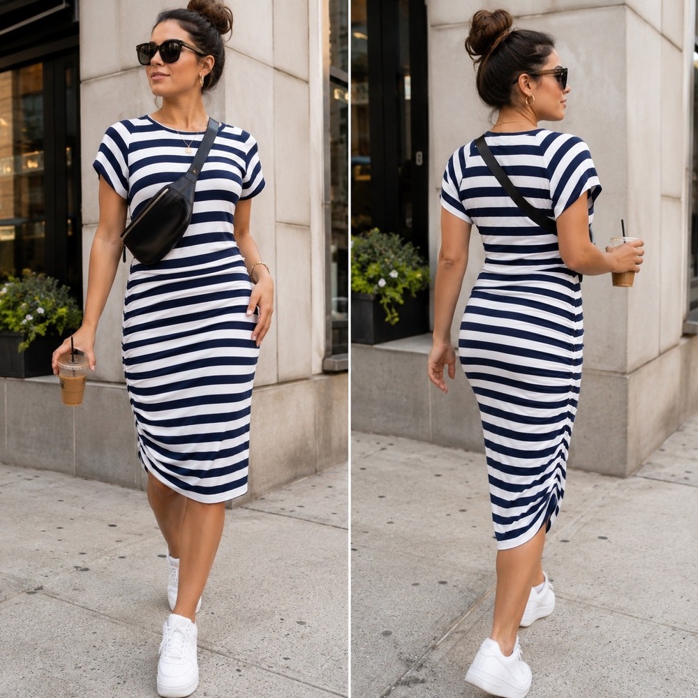 Co-op Barneys New York Ruched Bodycon Dress L Navy White Stripe Modal Stretch